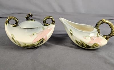 Hull Pottery Woodland Creamer & Sugar w Lid Chartreuse & Pink Glossy W27-28 USA