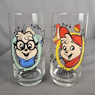 Set of 2 Vintage Chipmunks Simon & Alvin 1985 Bagdasarian Prod Glasses, EUC