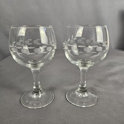 Stemmed Wine Cordial Clear Glass 5.5" Tall etched MCM Set of 2