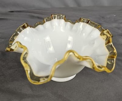 Vintage Fenton White Gold Crest Ruffled Edge White Glass Candy Dish - 7 1/2"
