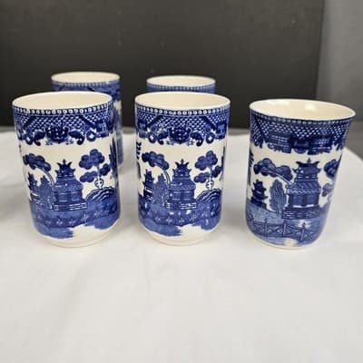 Vintage Blue Willow Style Japan Tea Cups Set 5 Scenic Pagoda- 3.75”