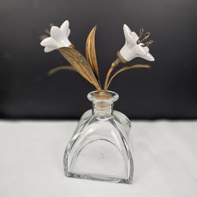 Vintage Glass Bottle/ Decanter With Glass Lillys & Gilt Brass MCM 7.5" Tall