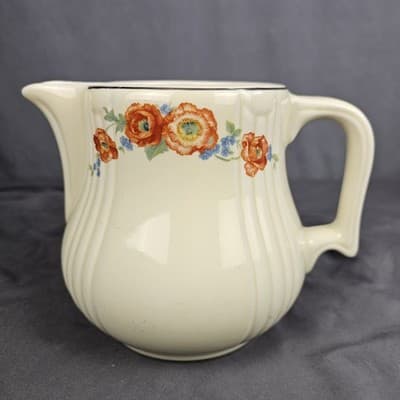 Vintage 40s Hall Superior Kitchenware Orange Poppy Pitcher Platinum Trim USA
