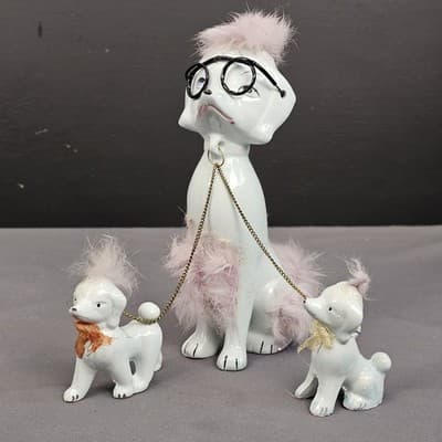 Vintage 1950s MCM Ceramic Snooty Chained Mama Poodle Family With Pink Fur