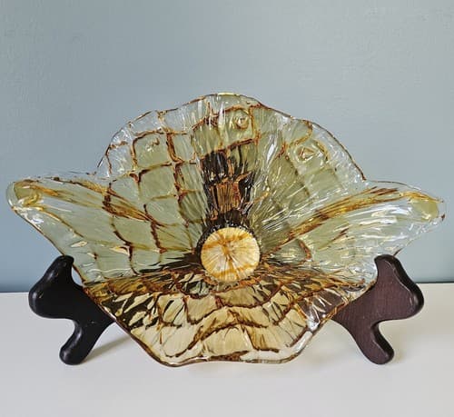 Centerpiece Glass Bowl Italy Amber to Clear Art Blown Flower Console 8.5"