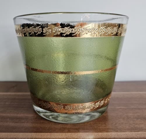 Anchor Hocking Ice Bucket Green with Gold 5" Diameter 5.5" Tall MCM