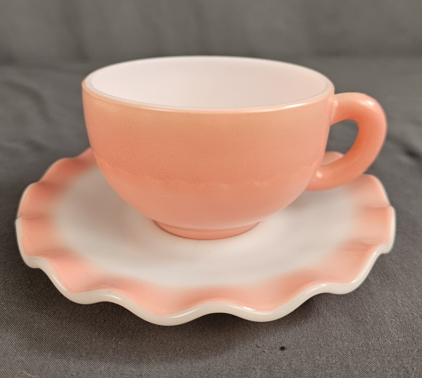 Vintage Hazel Atlas Ripple Pink Cup & Saucer Set aka Crinoline 1950s Milk Glass