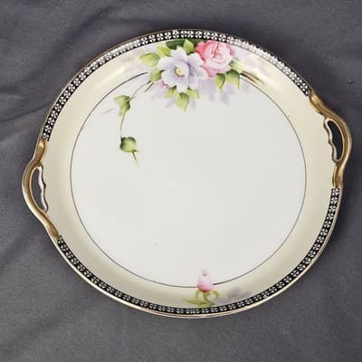 Vintage Noritage Hand Painted Cake Plate Roses Gold Handles 7.75" Wide