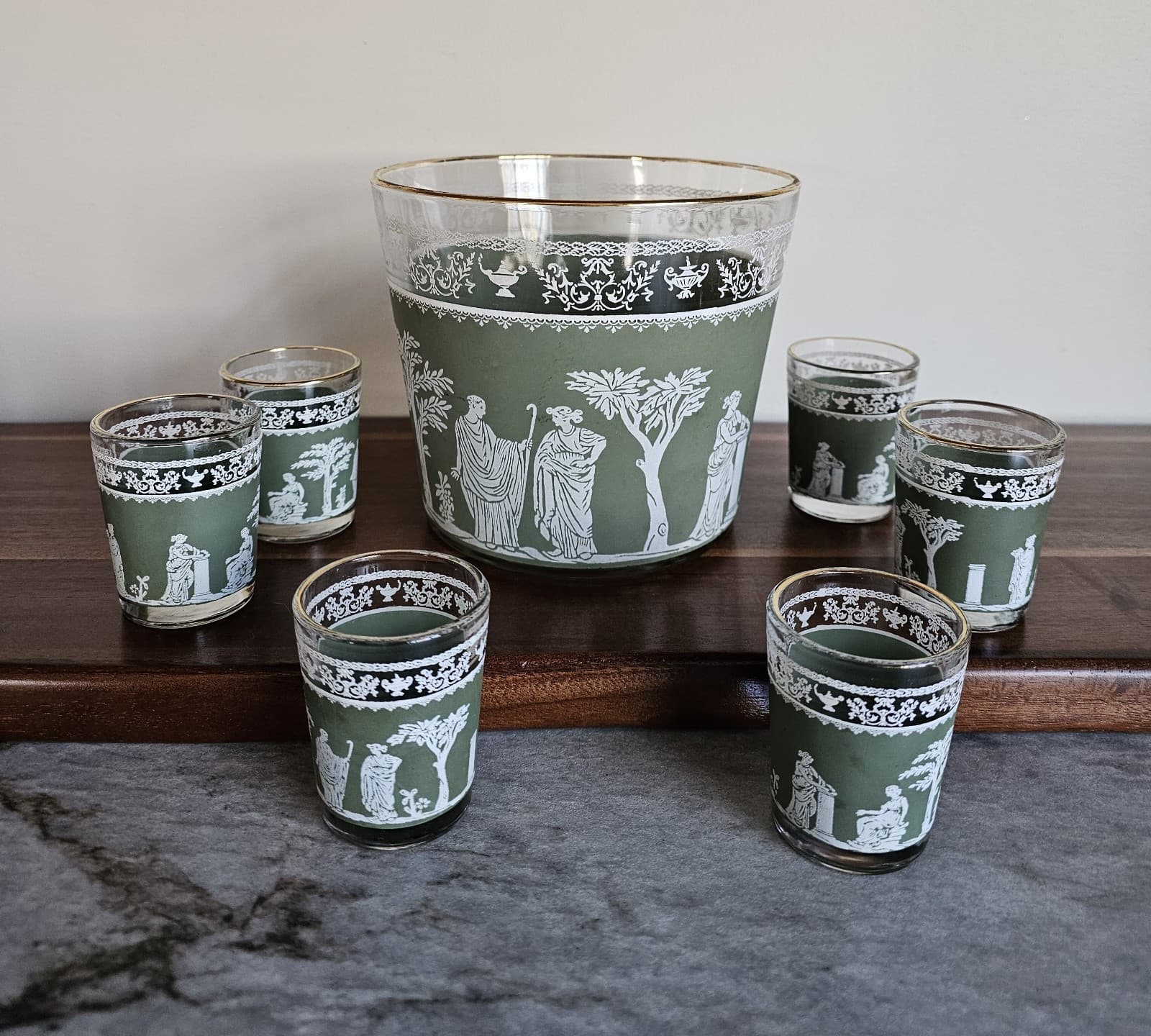 Wedge Wood Jeanette Hellenic Vintage Green Greek Ice Bucket & 6 Shot Glasses