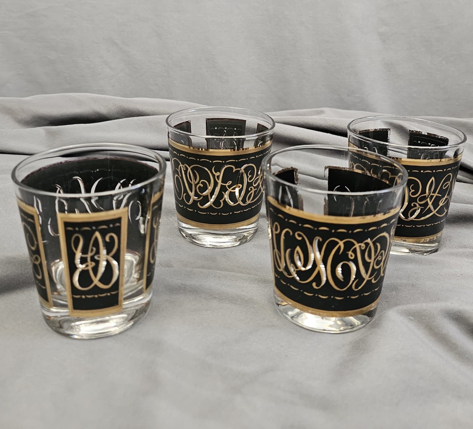 4 Lowball Glasses Set Culver Ebony Baroque 22k Gold Leaf Vintage MCM Black Gold