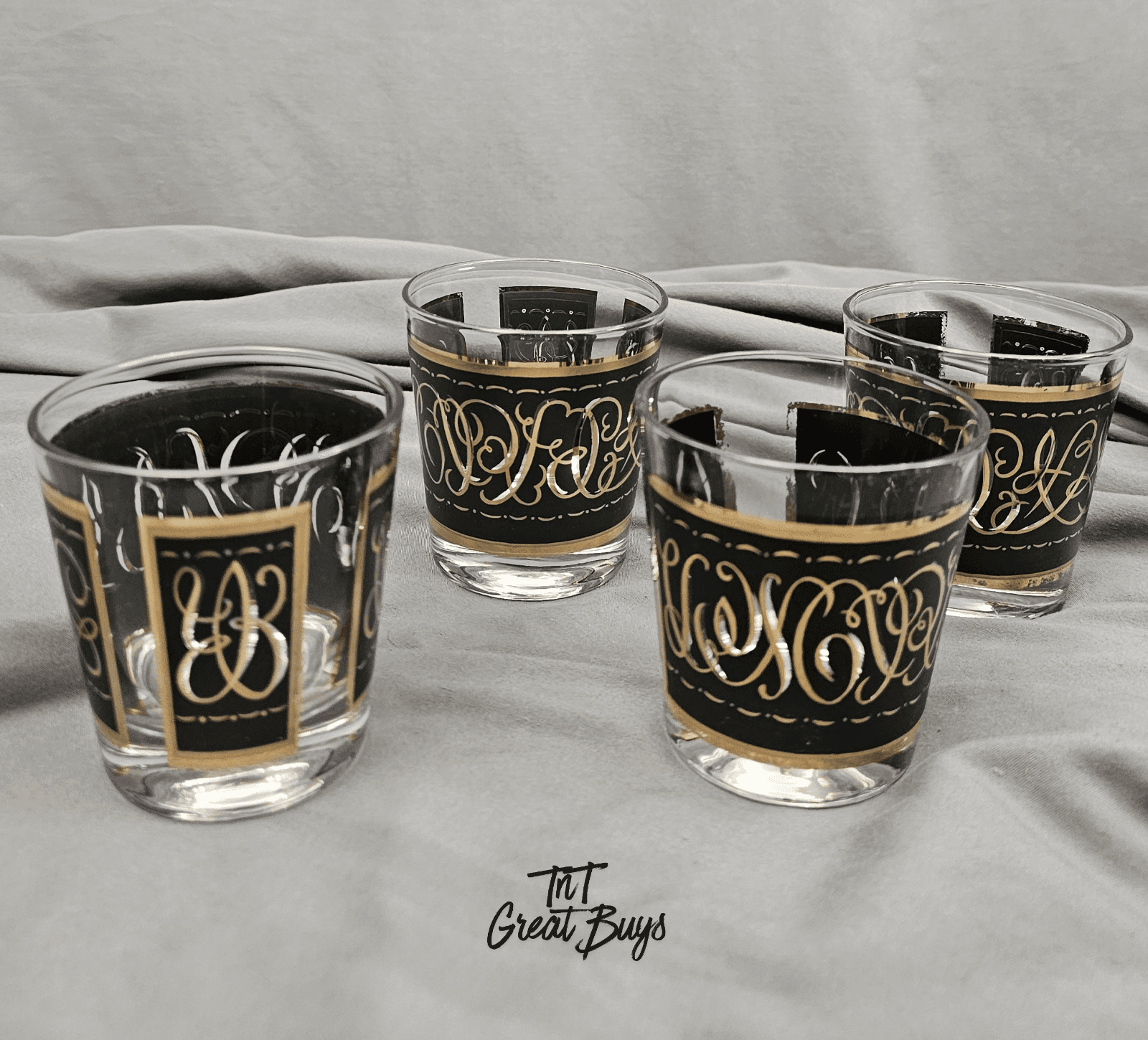 Culver Ebony Baroque Lowball Glasses Set Vintage MCM 22k Gold