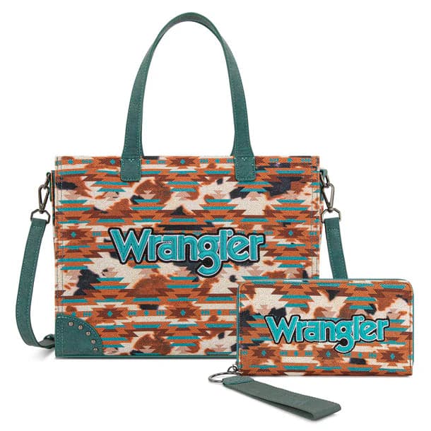 Wrangler Western Aztec Print Tote and Crossbody Wallet Set - Turquoise