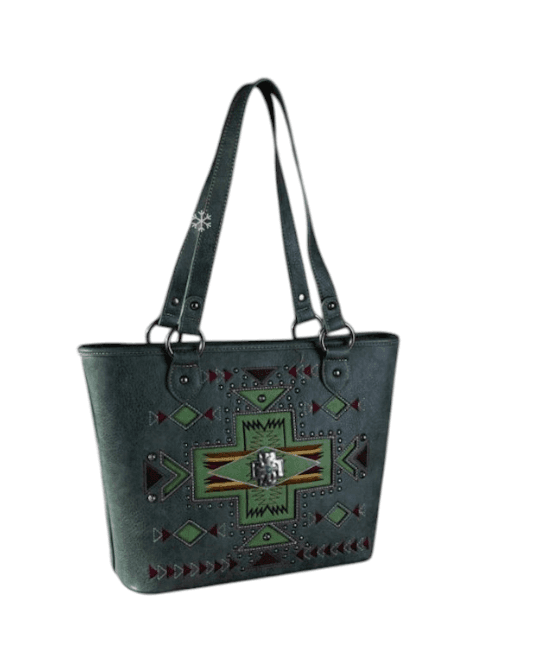 Western Aztec Cross Concealed Carry Tote Purse Jade With Silver Hardware