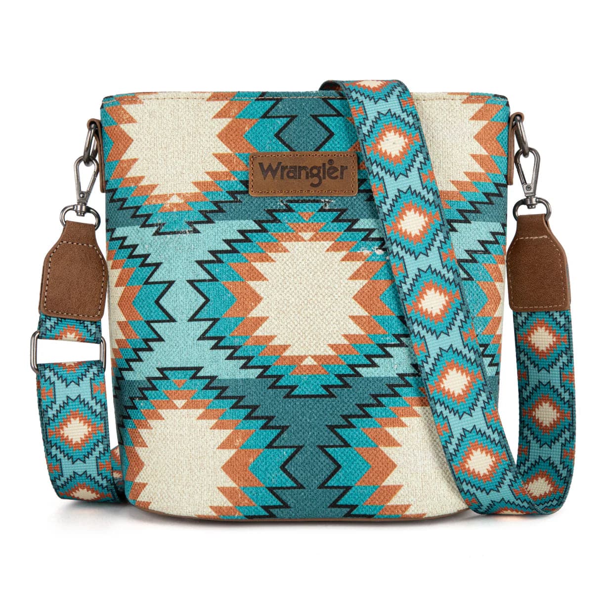 Wrangler Aztec Print Crossbody Bag with Adjustable Strap Blue Orange Southwest Leather Patch