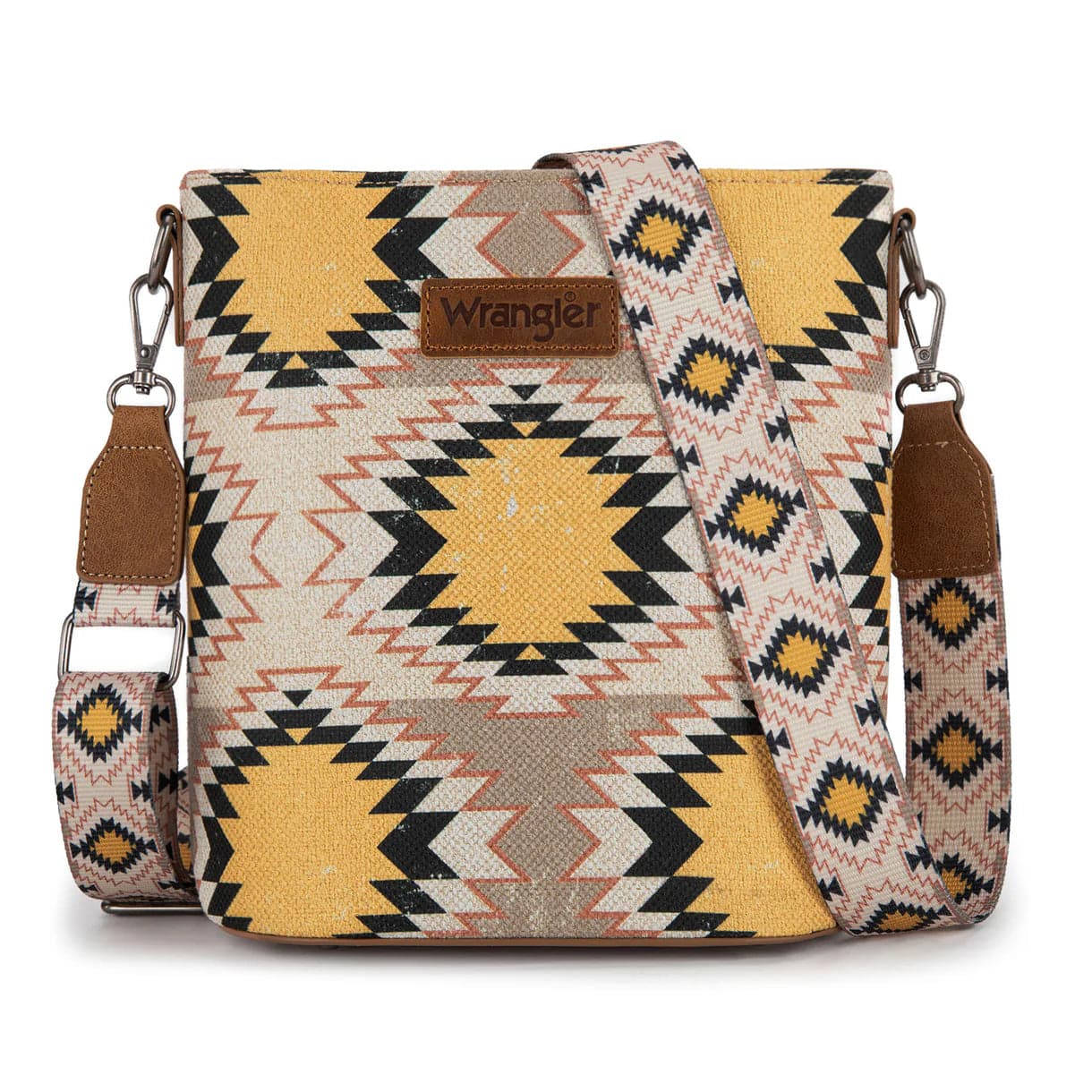 Wrangler Brown Patterned Handbag with Interior Pockets Tan Khaki Yellow Southwestern Crossbody