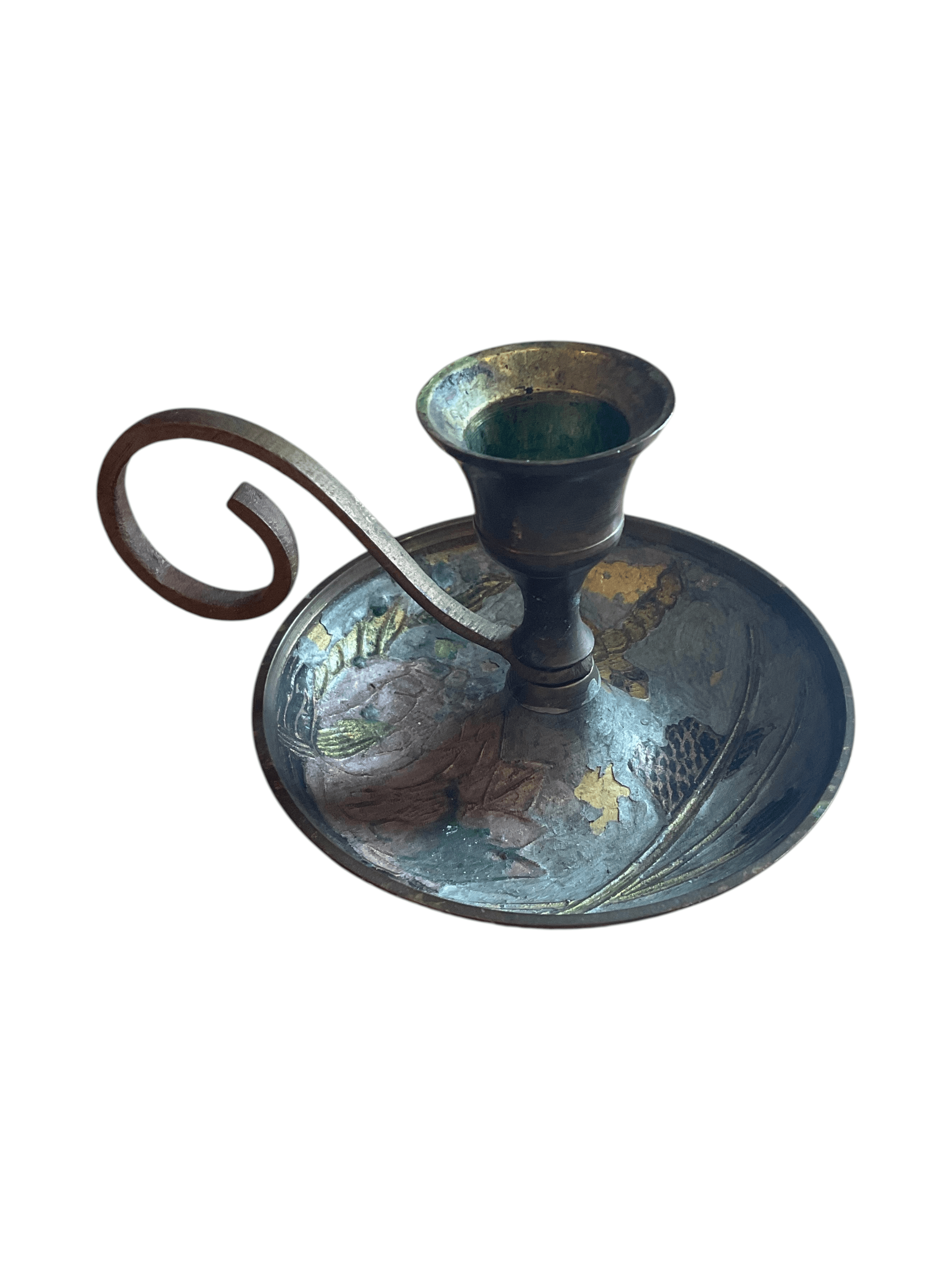 Vintage Brass Chamberstick Candle Holder with Dragonfly Design