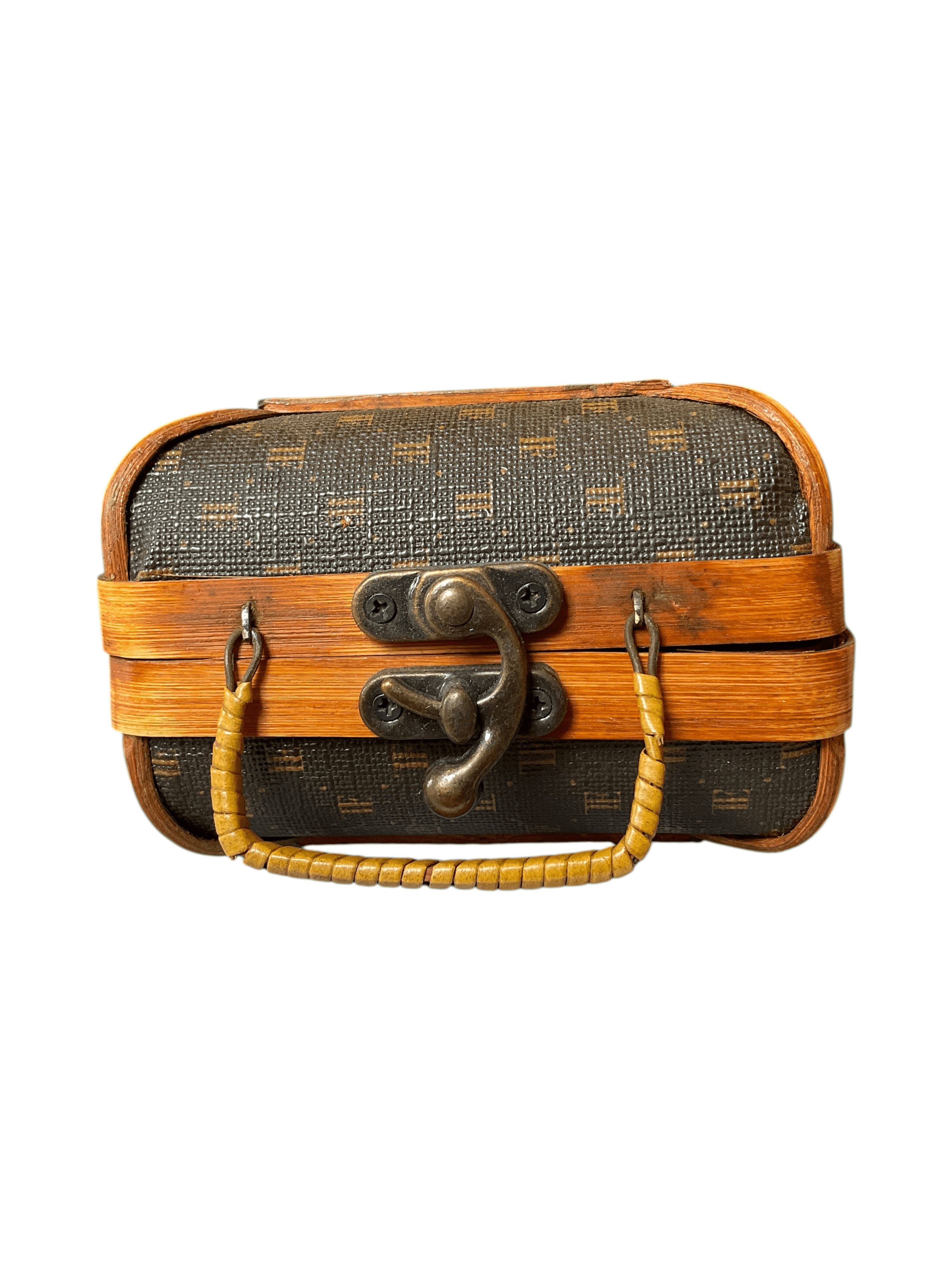 Vintage Wooden Mini Suitcase with Woven Handle Storage