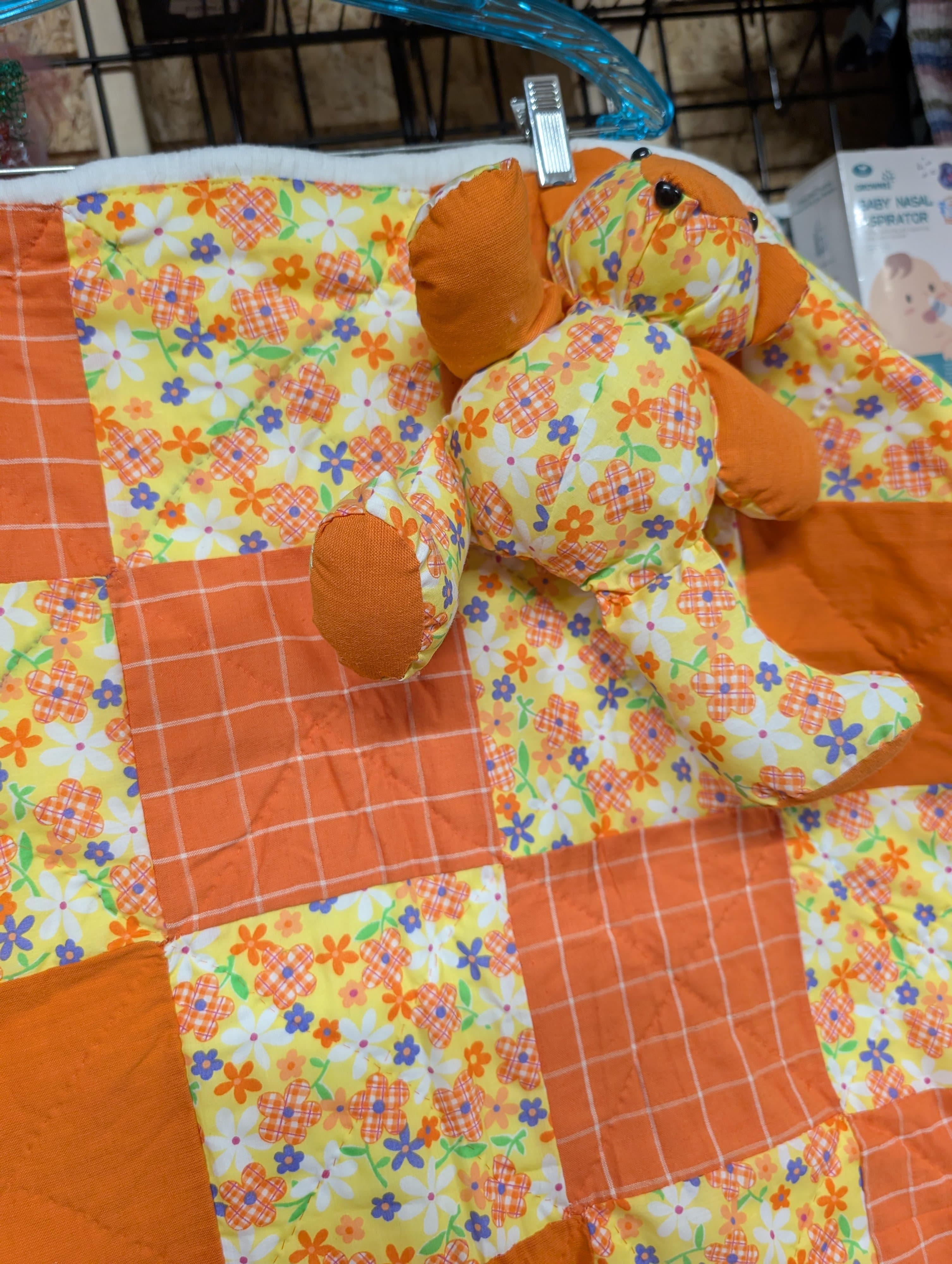 Handmade Patchwork Baby Quilt with Stuffed Bear