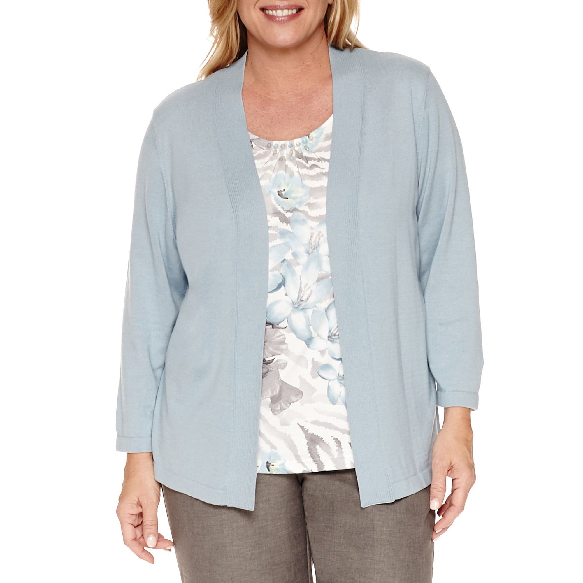 Alfred Dunner 3/4 Sleeve Crew Neck Layered blouse with Sweaters attached Plus