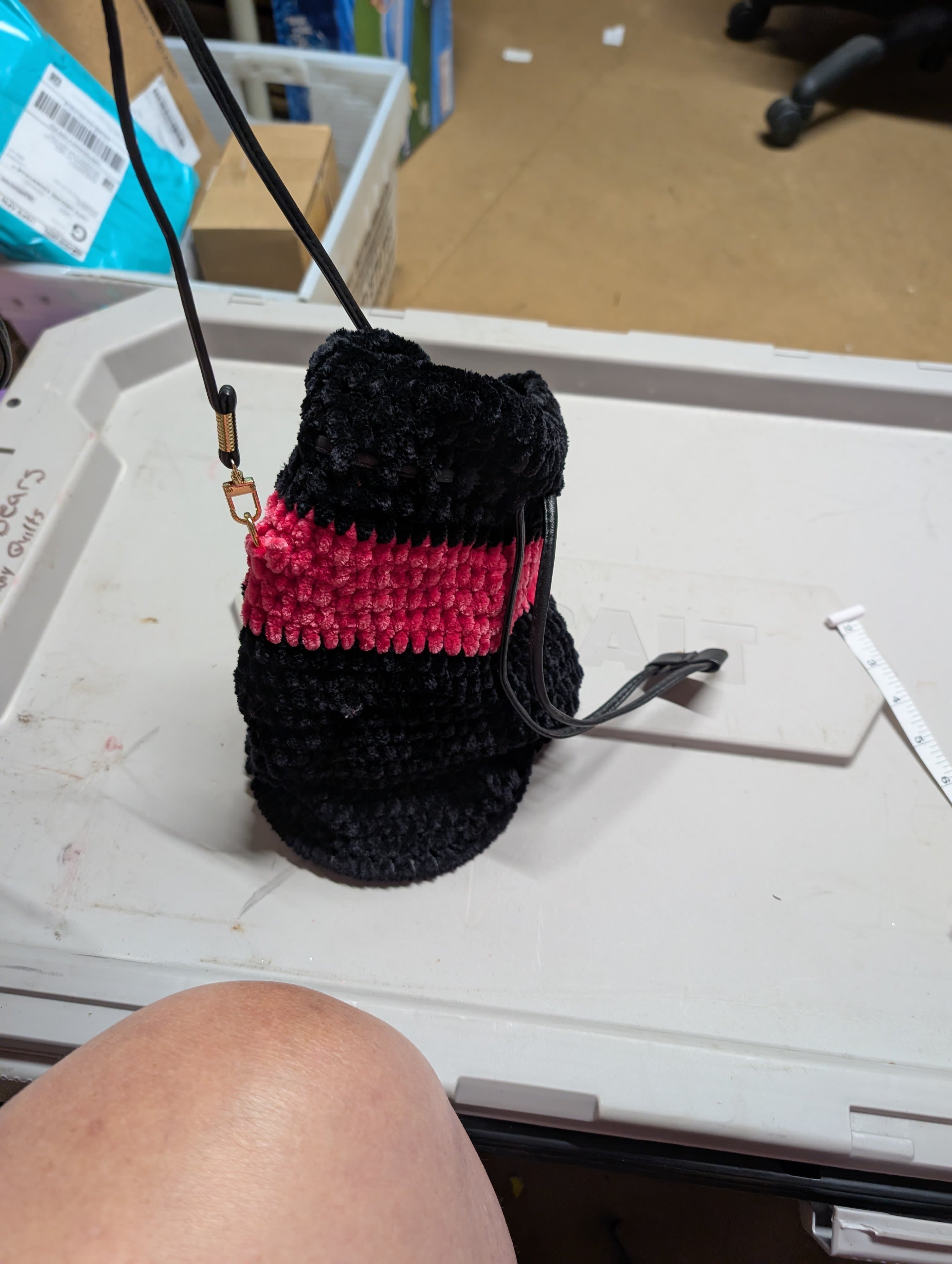 Black and Pink crocheted cinch Bag with Drawstring