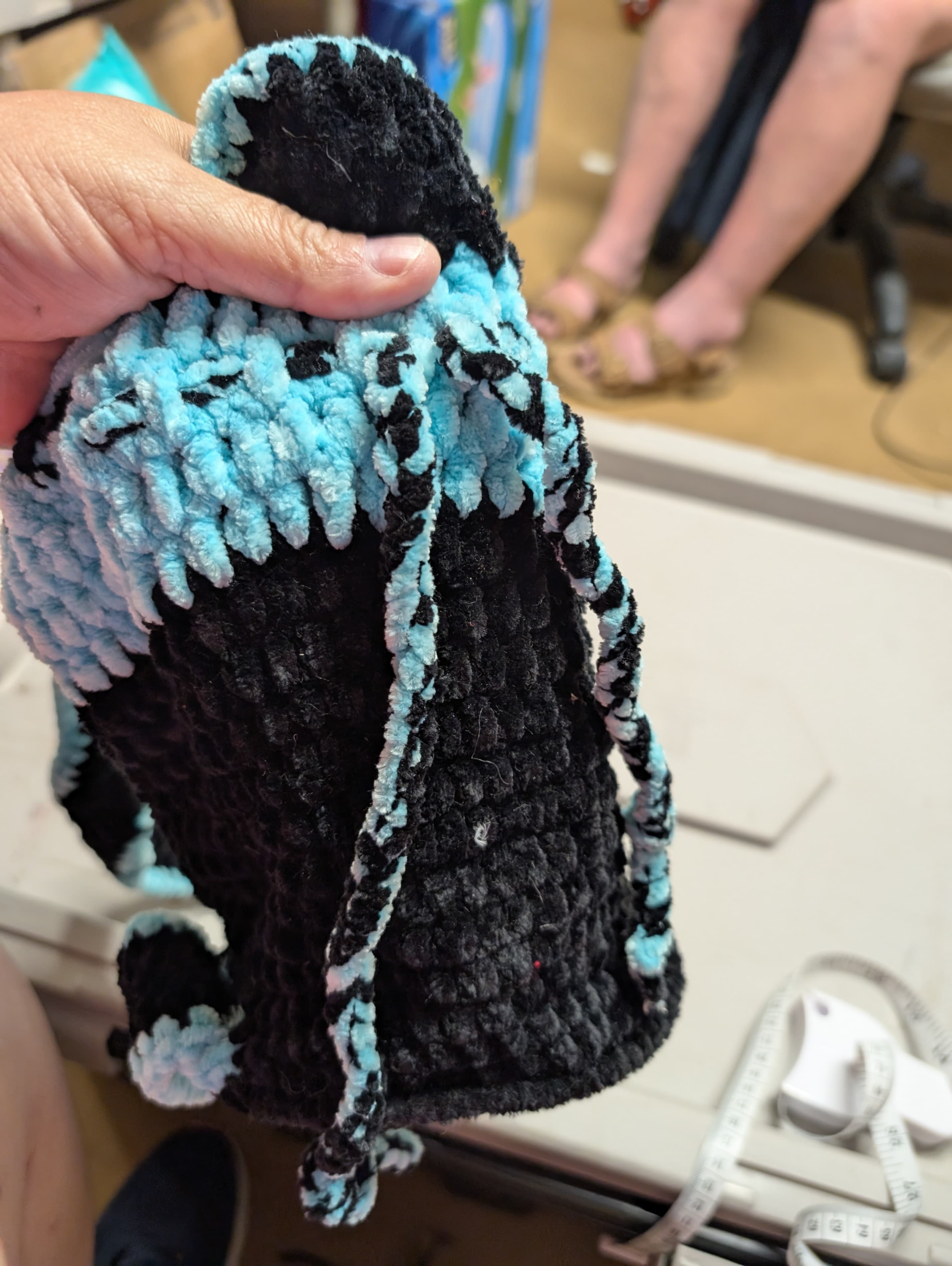 Handmade Crochet Drawstring Bag Black and Aqua