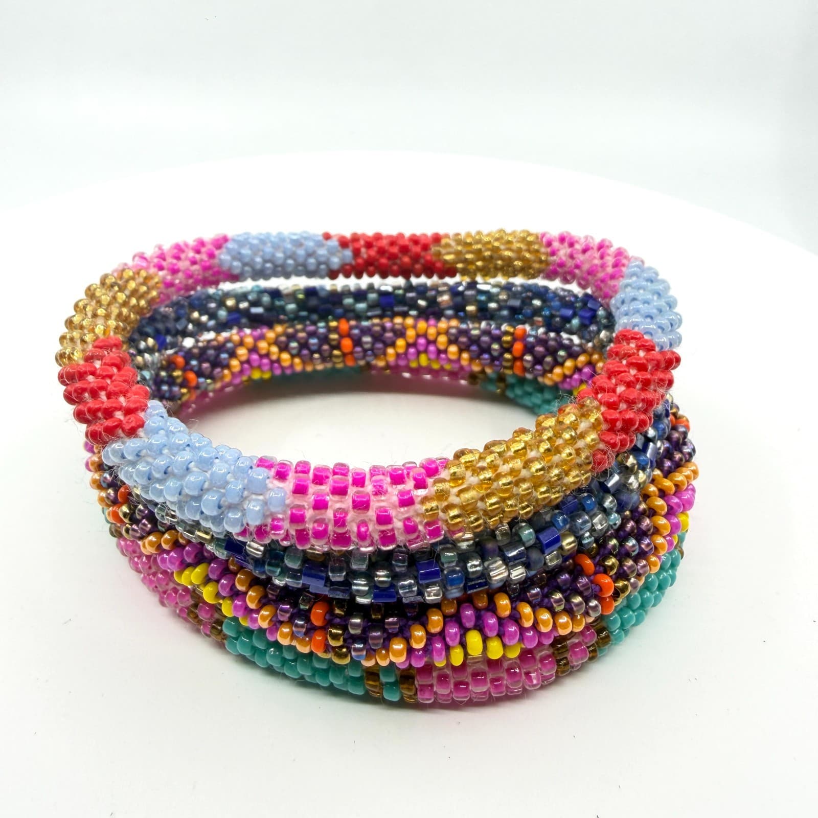 Boho Beaded Roll On Bracelet Stack Set Colorful Glass Seed Bead Chunky Gift