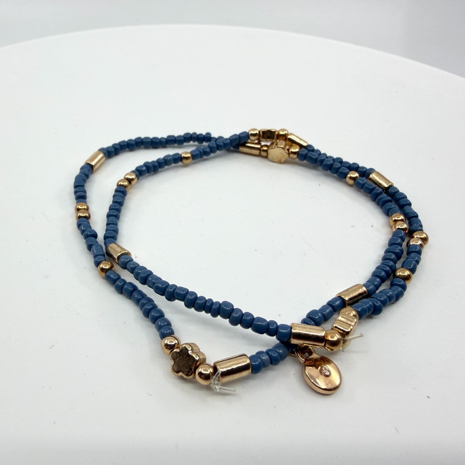Boho Slate Blue Seed Bead Anklet Gold Tone Star Charm Minimalist Layering Gift