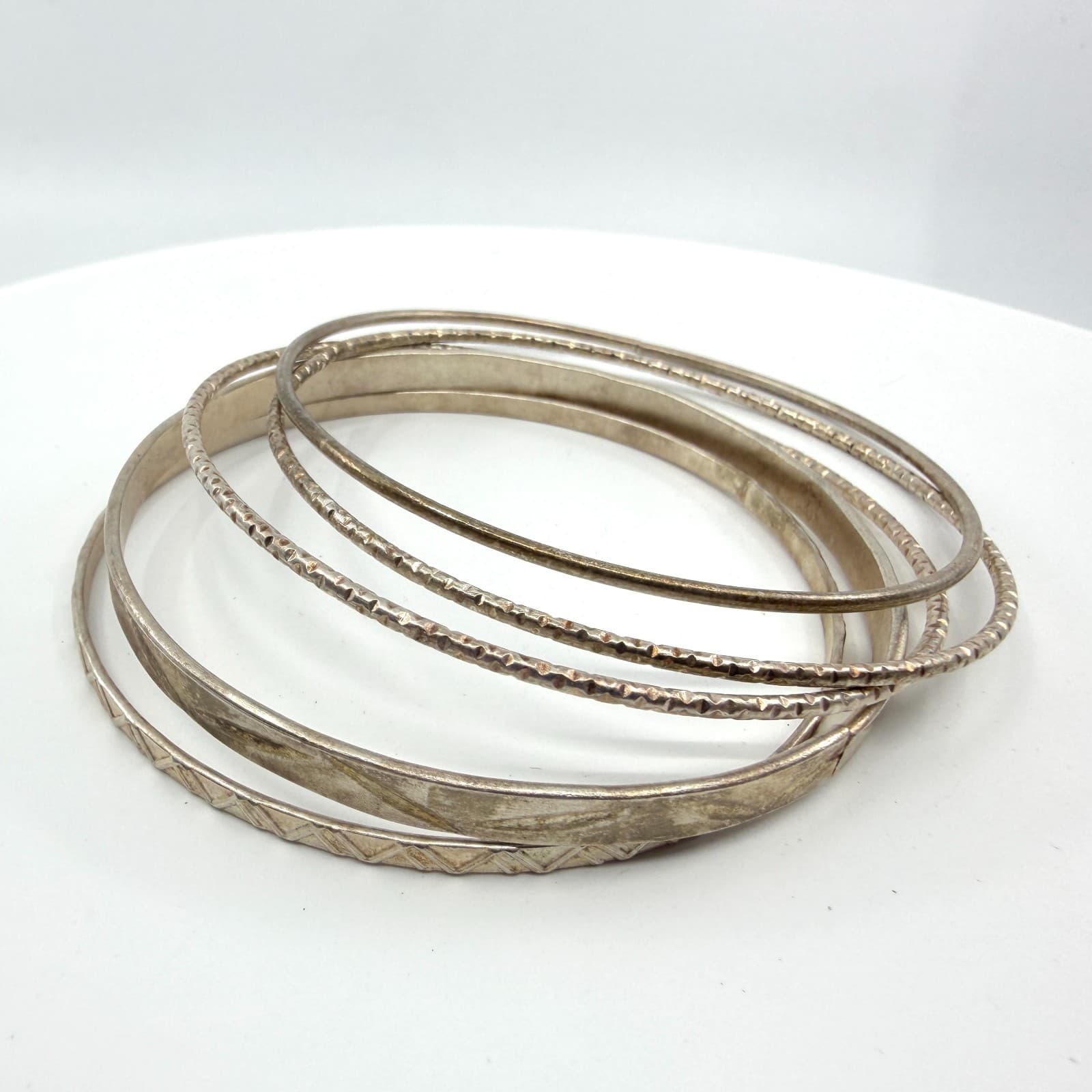Stacked Silver Tone Bangle Bracelet Set Textured Boho Statement Stack Classic
