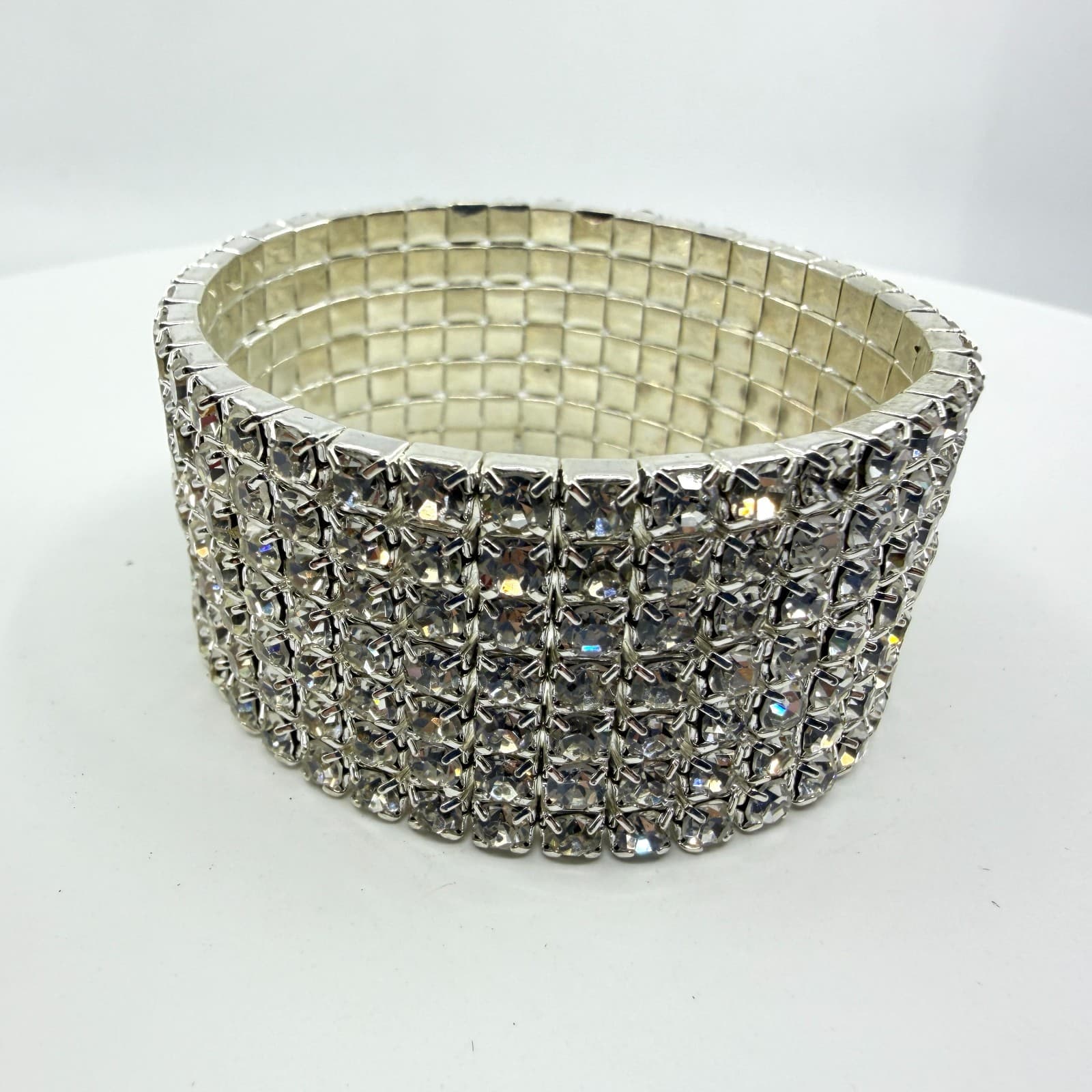 Chunky Silver Tone Rhinestone Wide Multi Row Elastic Cuff Stretch Bracelet Gift