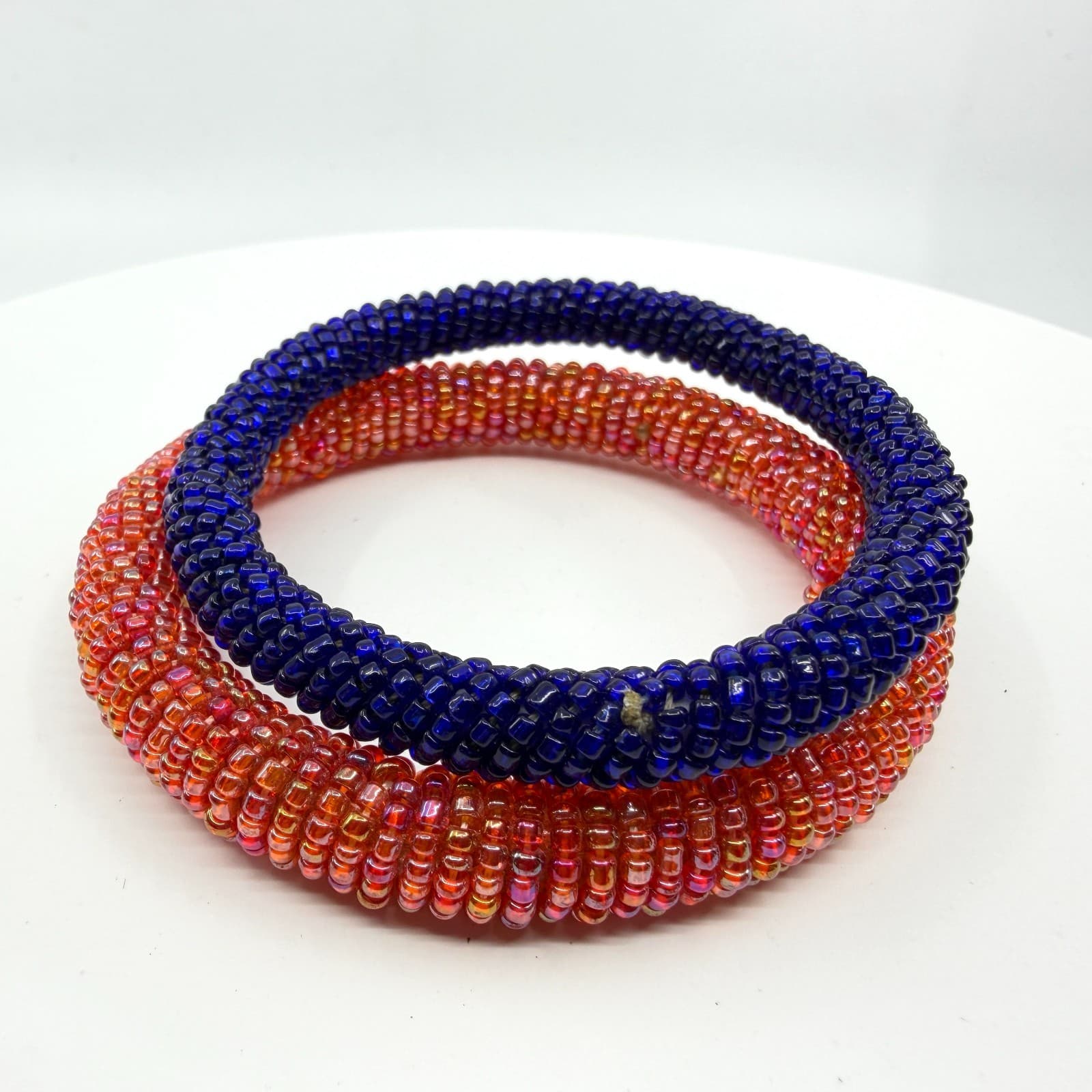 Boho Glass Seed Bead Roll On Bangle Bracelet Set Chunky Blue Pink Statement
