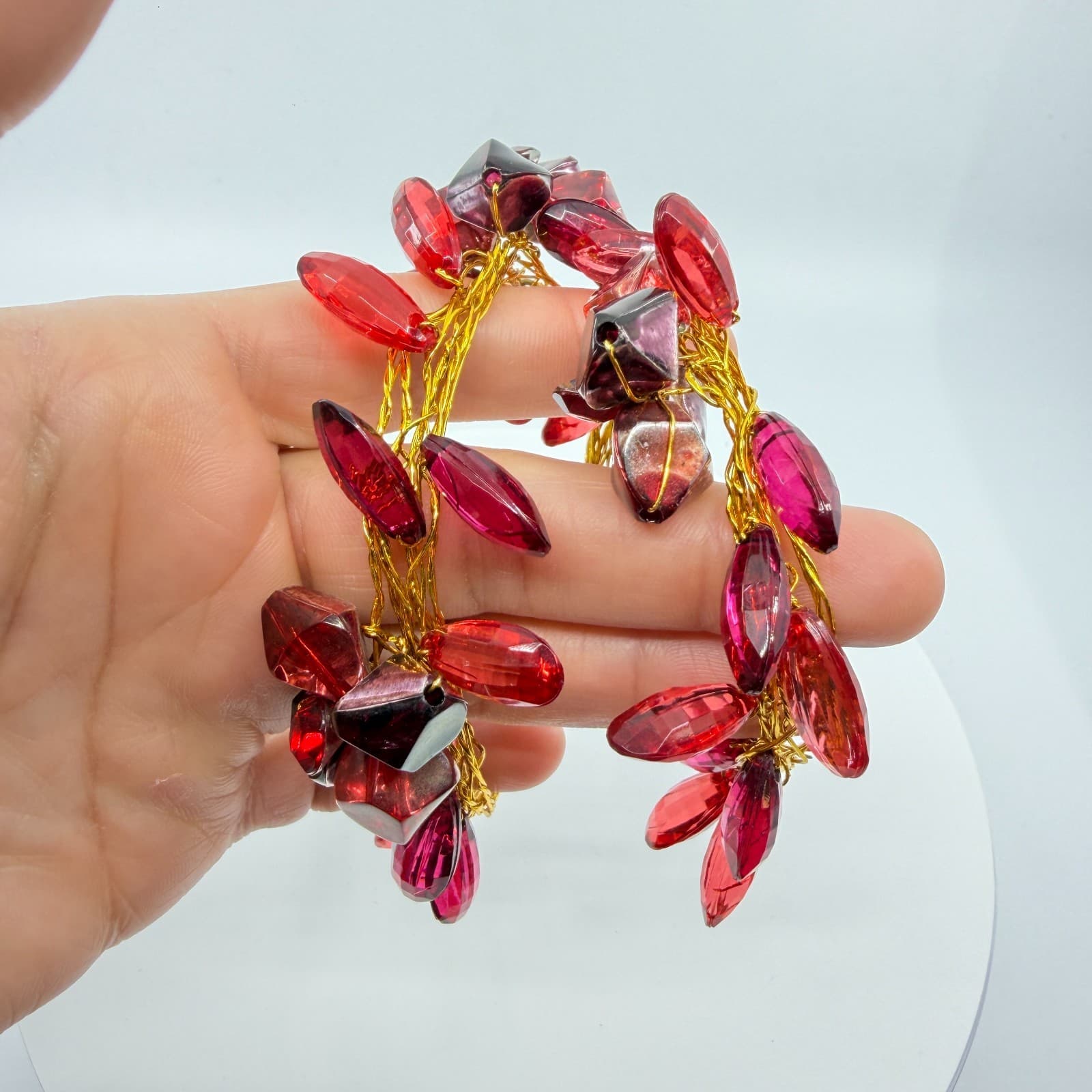 Gothic Red Lucite Statement Cuff Bracelet Chunky Gold Tone Wire Wrapped Layering