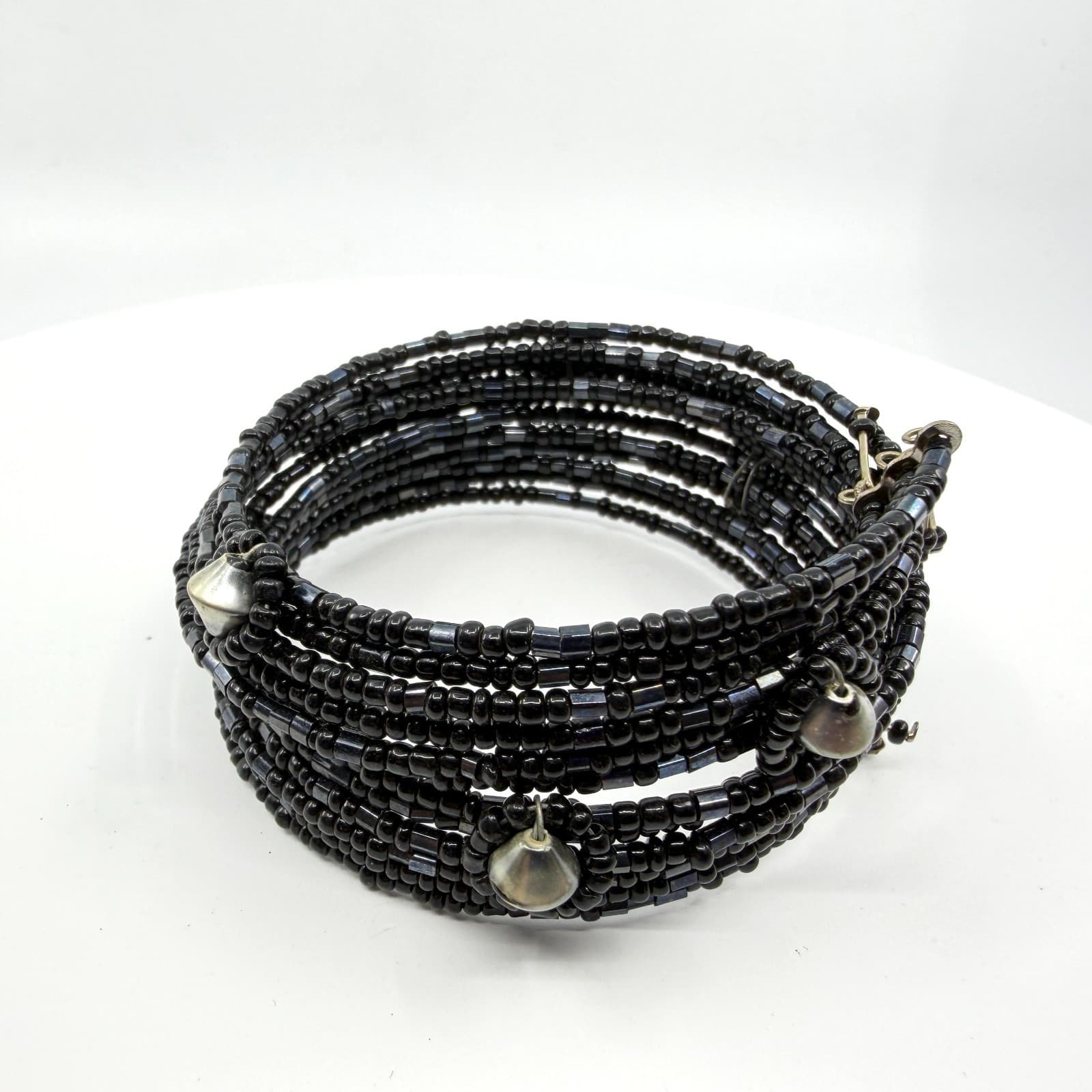 Gothic Black Seed Bead Multi Layer Memory Wire Wrap Cuff Bracelet Festival Gift