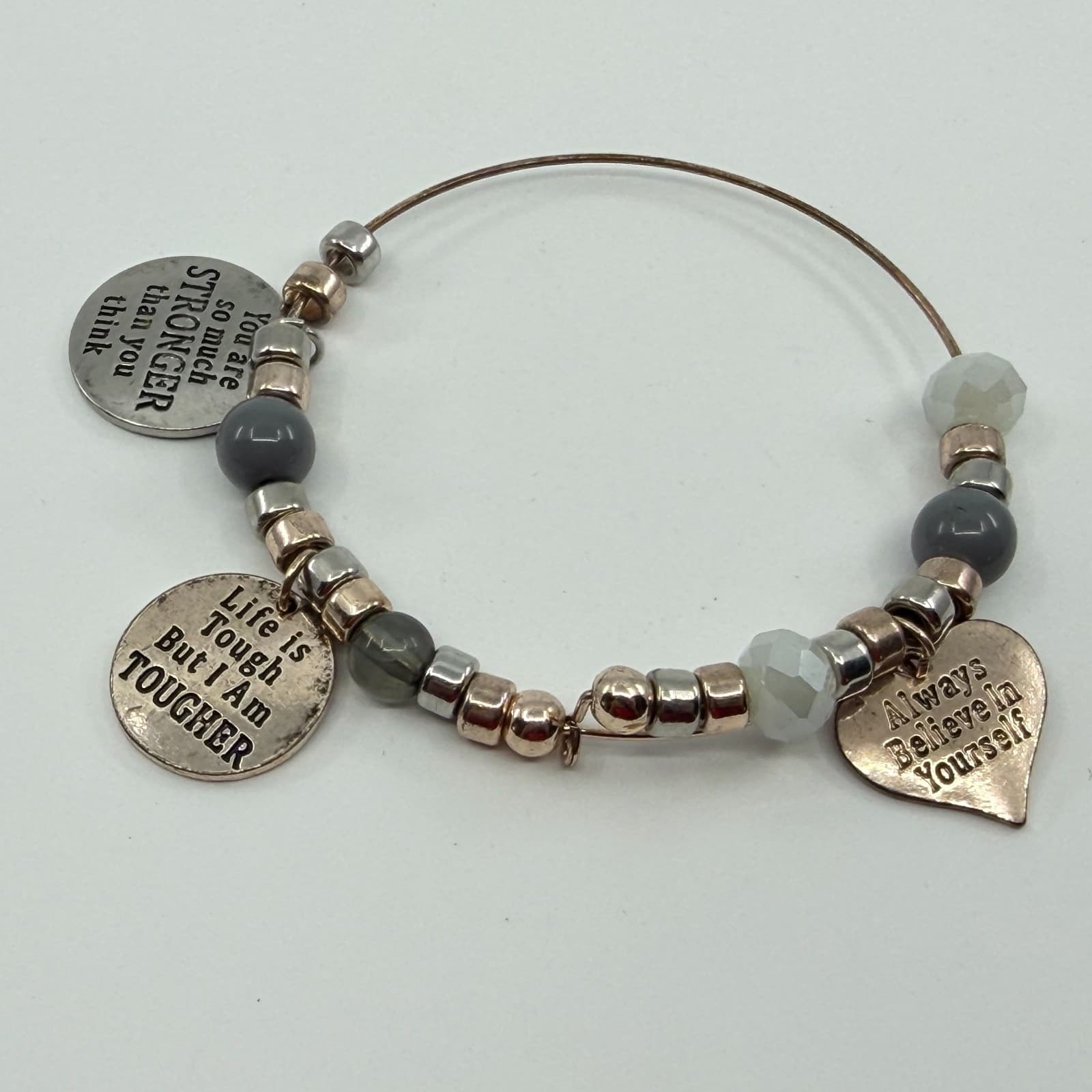 Inspirational Charm Bangle Bracelet Stronger Tougher Believe In Yourself Gift