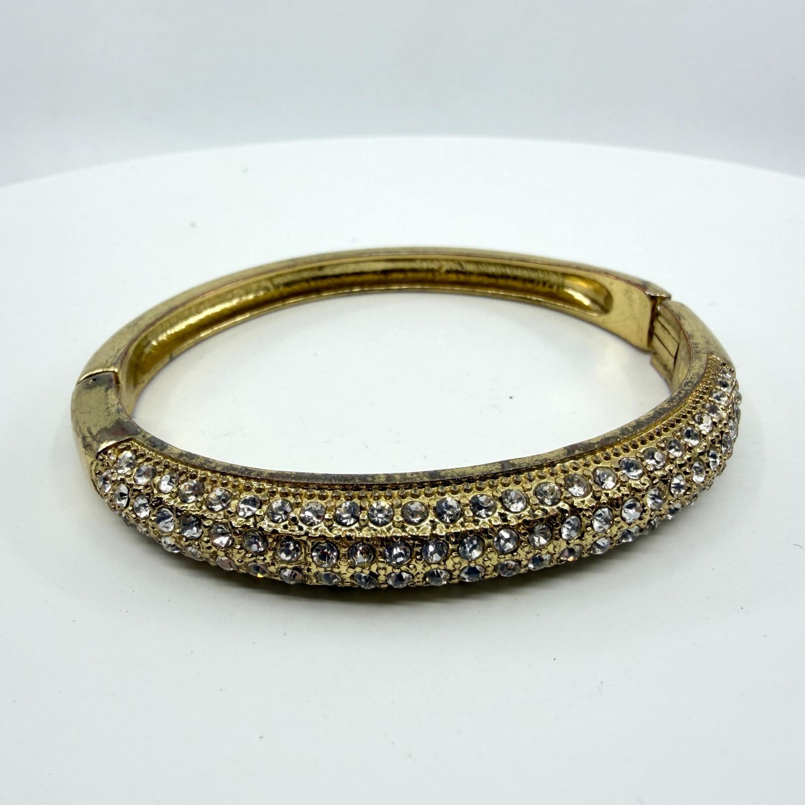 Chunky Gold Tone Rhinestone Pave Hinged Bangle Bracelet Crystal Statement Gift