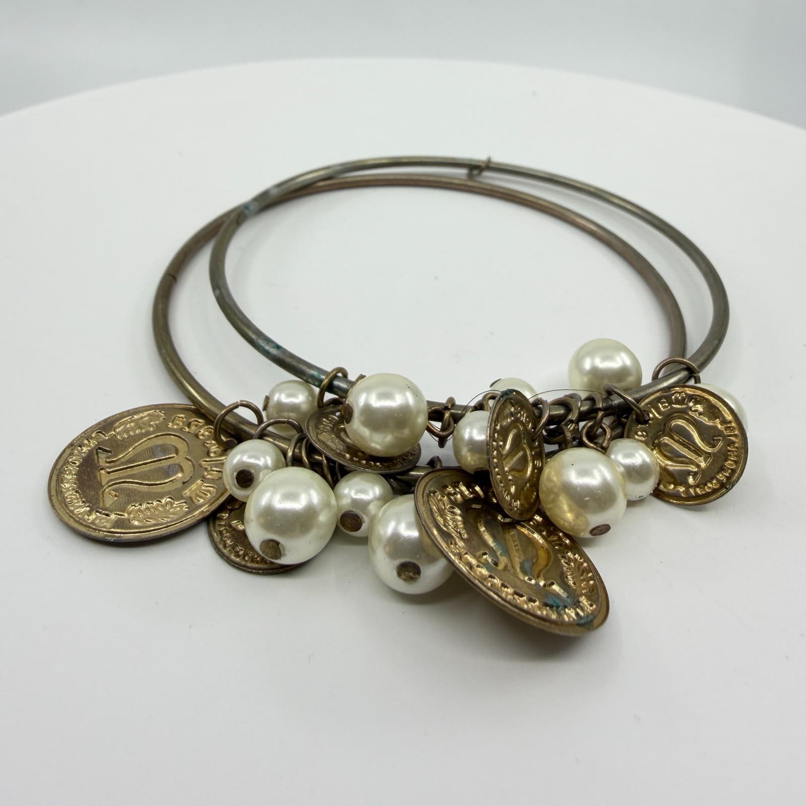 Vintage Inspired Coin and Pearl Charm Bracelet Boho Statement Layering Jewelry