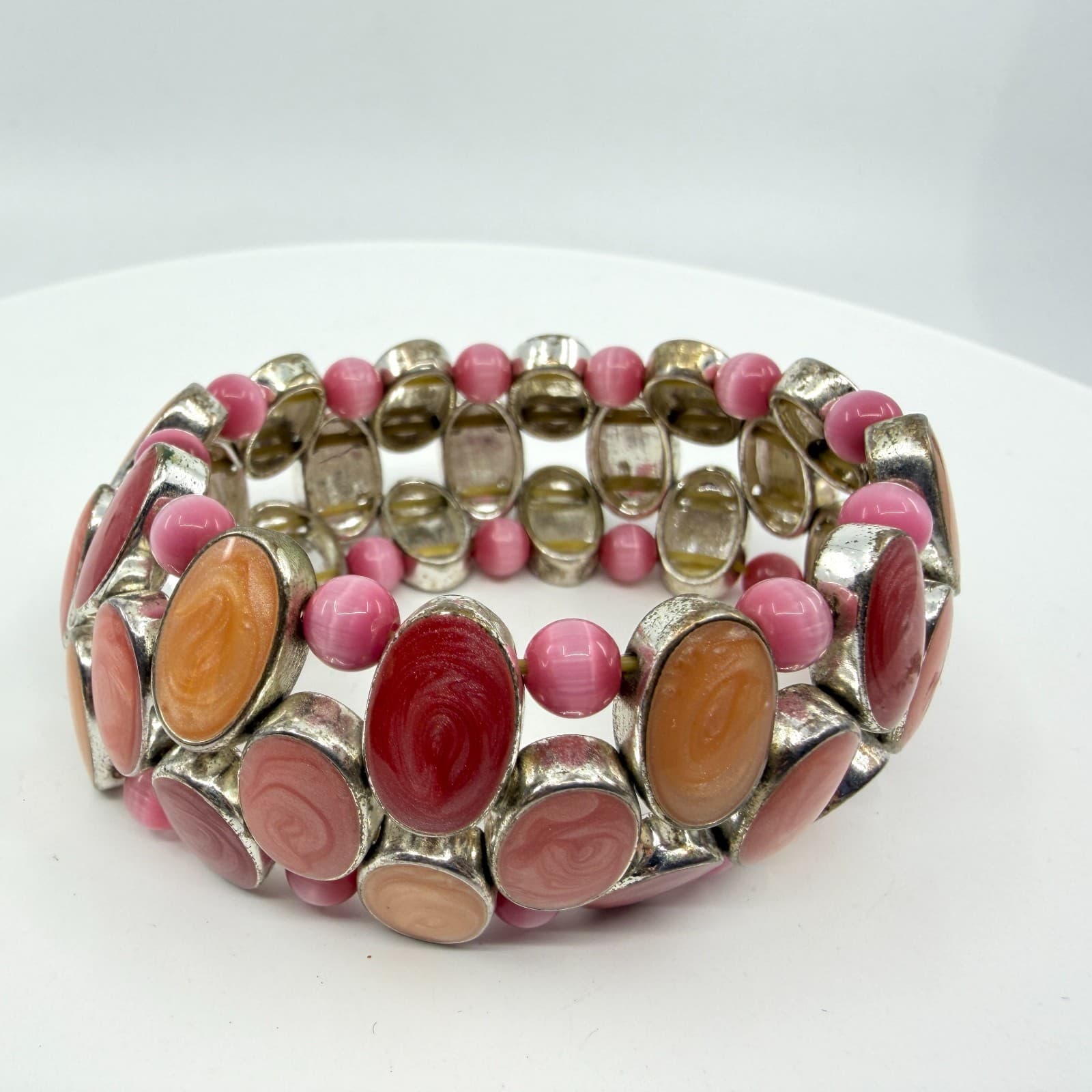 Pink and Orange Swirl Cabochon Stretch Bracelet Chunky Festival Boho Statement