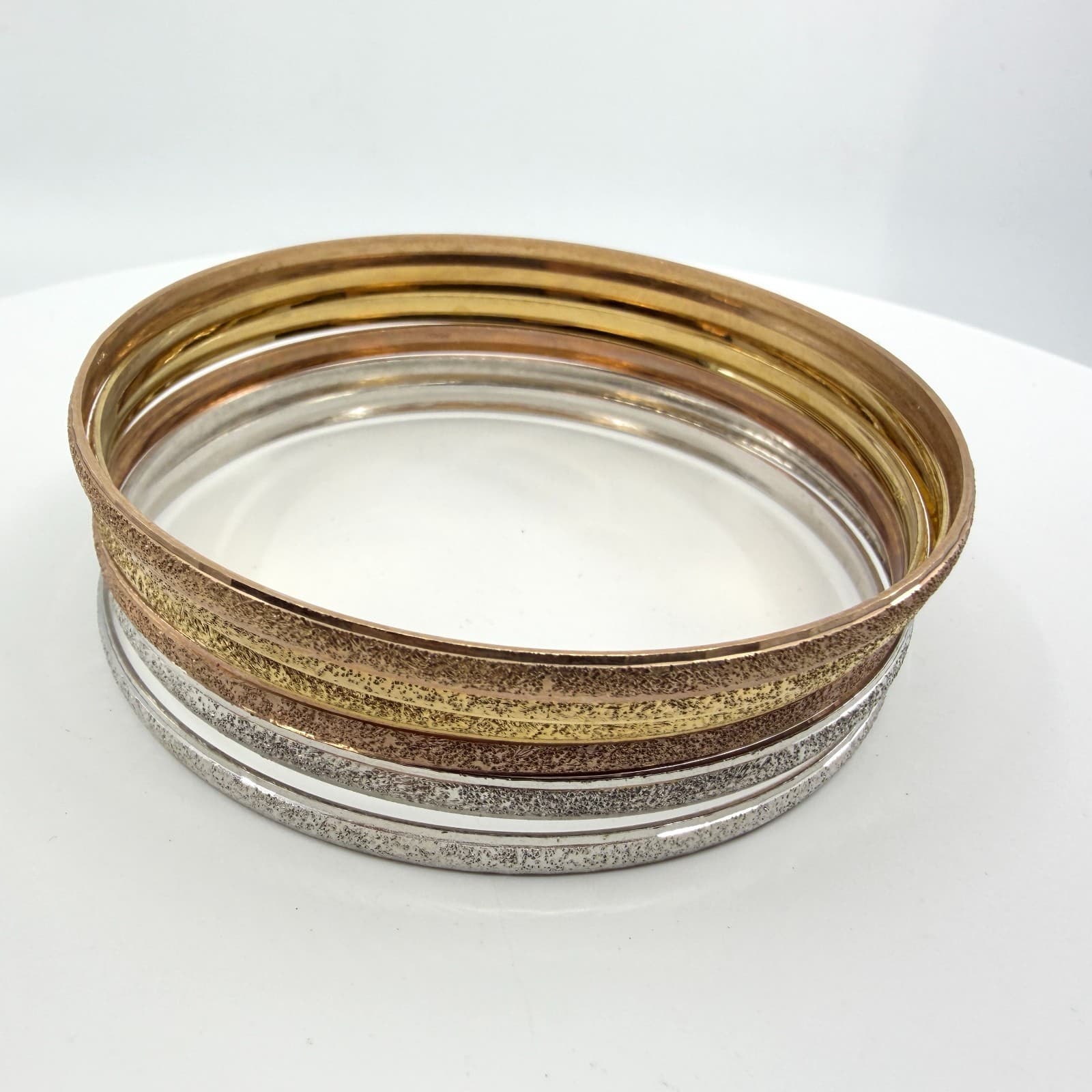 Tri-Color Glitter Textured Bangle Bracelet Set Stackable Gold & Silver Tone Gift
