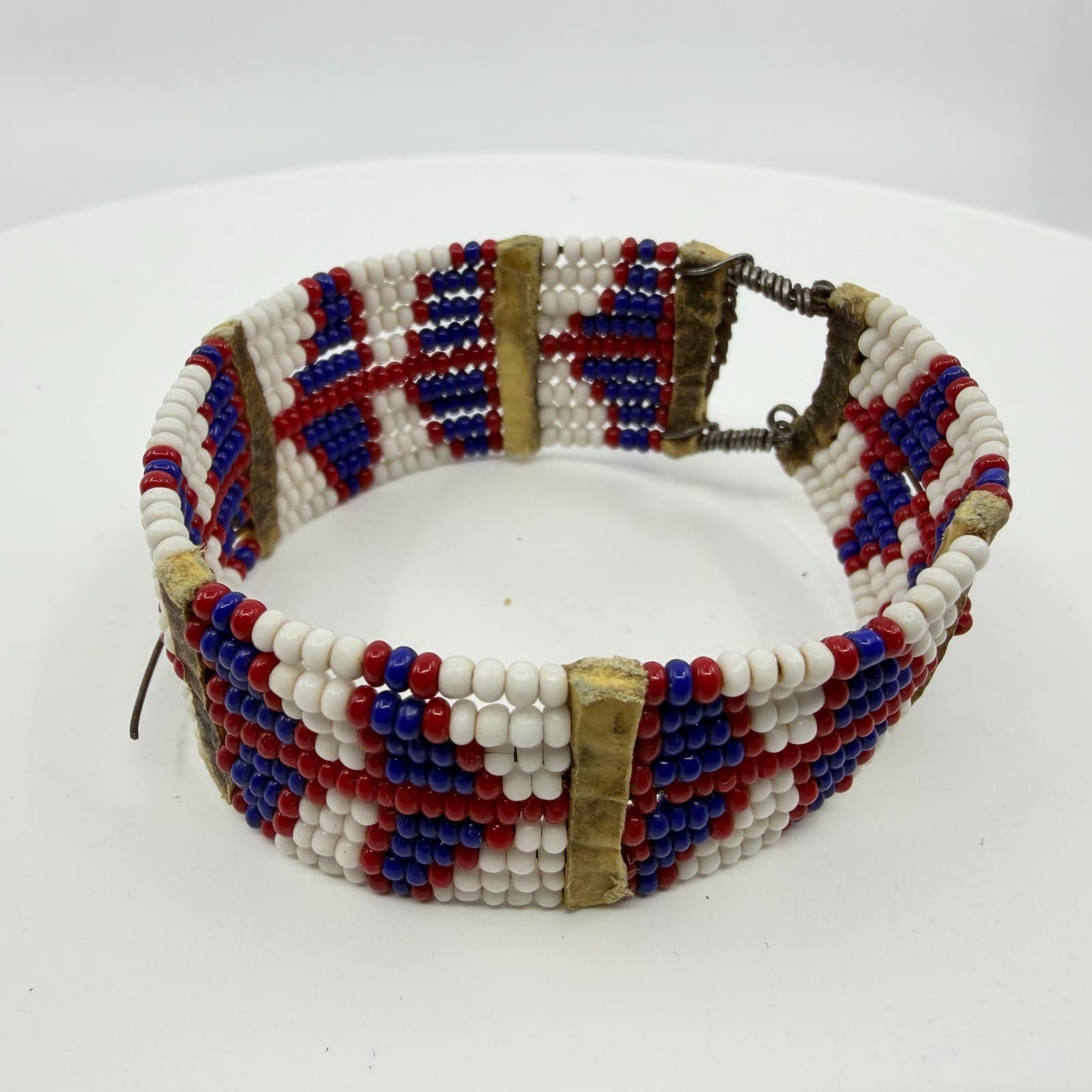 Handcrafted Native American Style Beaded Cuff Bracelet Red White Blue Geometric