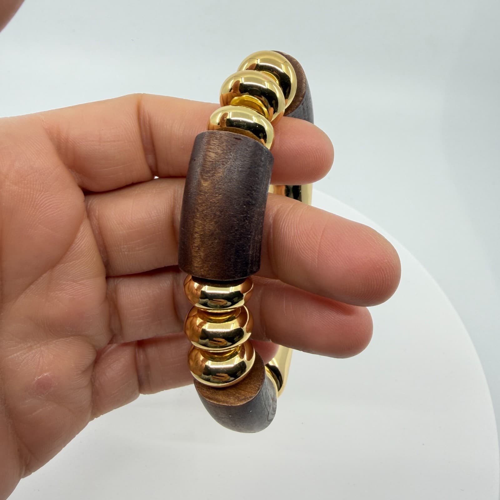 Bold Chunky Gold Tone and Dark Wood Bead Stretch Bracelet Statement Jewelry Gift
