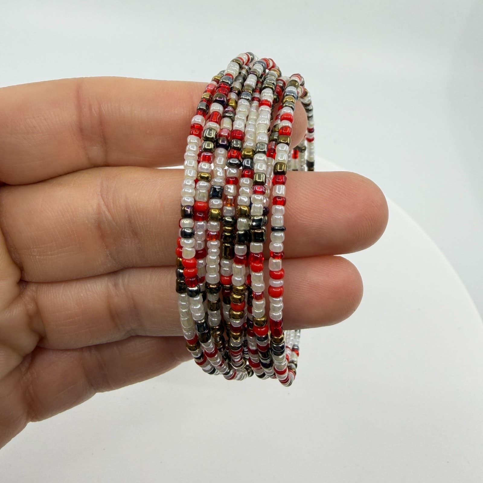 Multi-Strand Red White and Metallic Bead Wrap Bracelet Festival Boho Stack Style