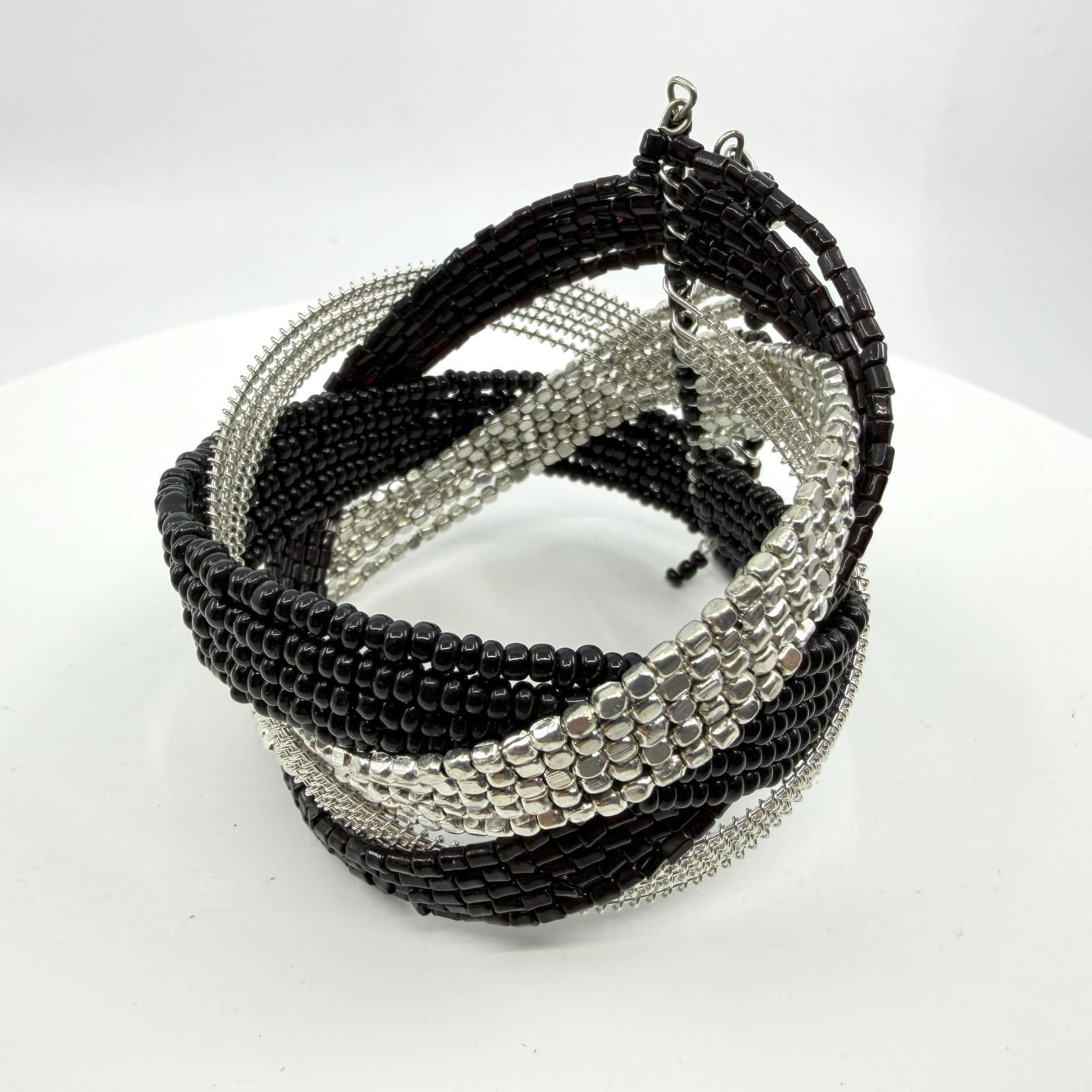 Black & Silver Multi-Strand Statement Bracelet Boho Chic Chunky Layering Gift