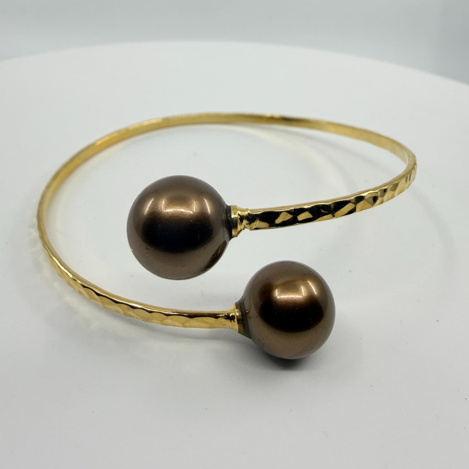 Gold Tone Hammered Bypass Bracelet with Chocolate Brown Faux Pearl Accents Gift