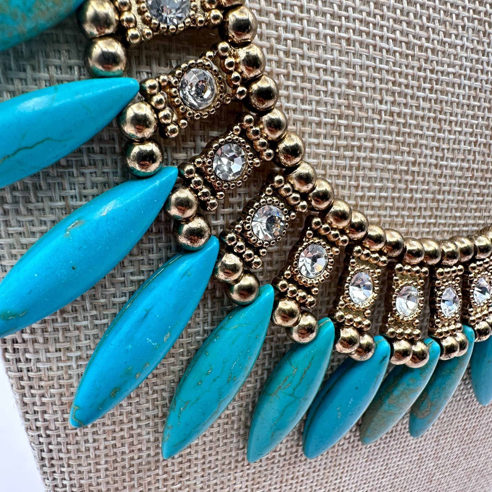 Vintage 90s Gold Tone Turquoise Clear Rhinestone Bib Necklace Women's Jewelry