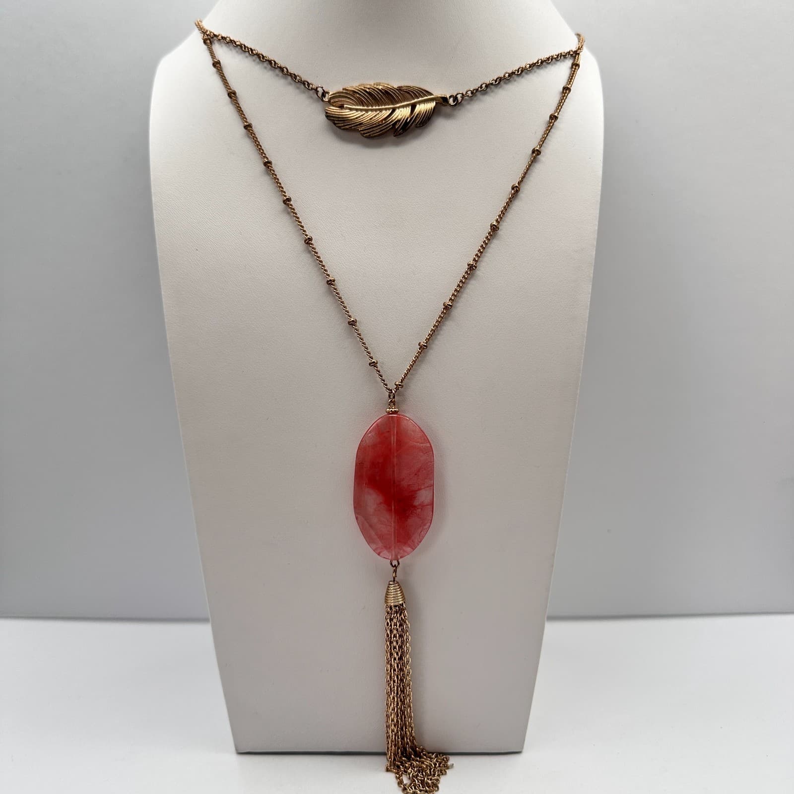 Vintage 90s Pink Stone Gold Tone Tassel Feather Necklace Women's Fashion Jewelry