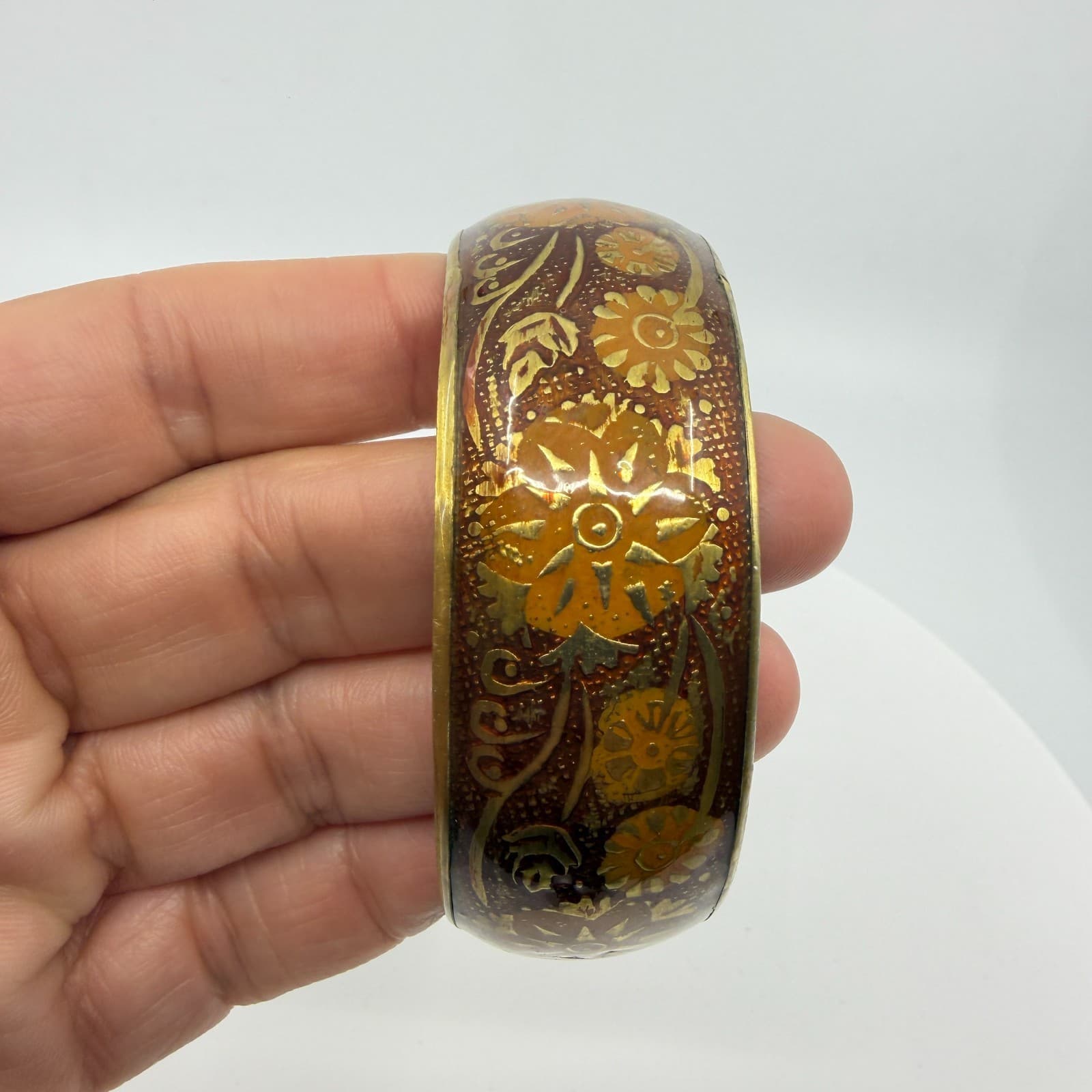 Bohemian Brass Tone Floral Enamel Bangle Bracelet Chunky Statement Festival Gift