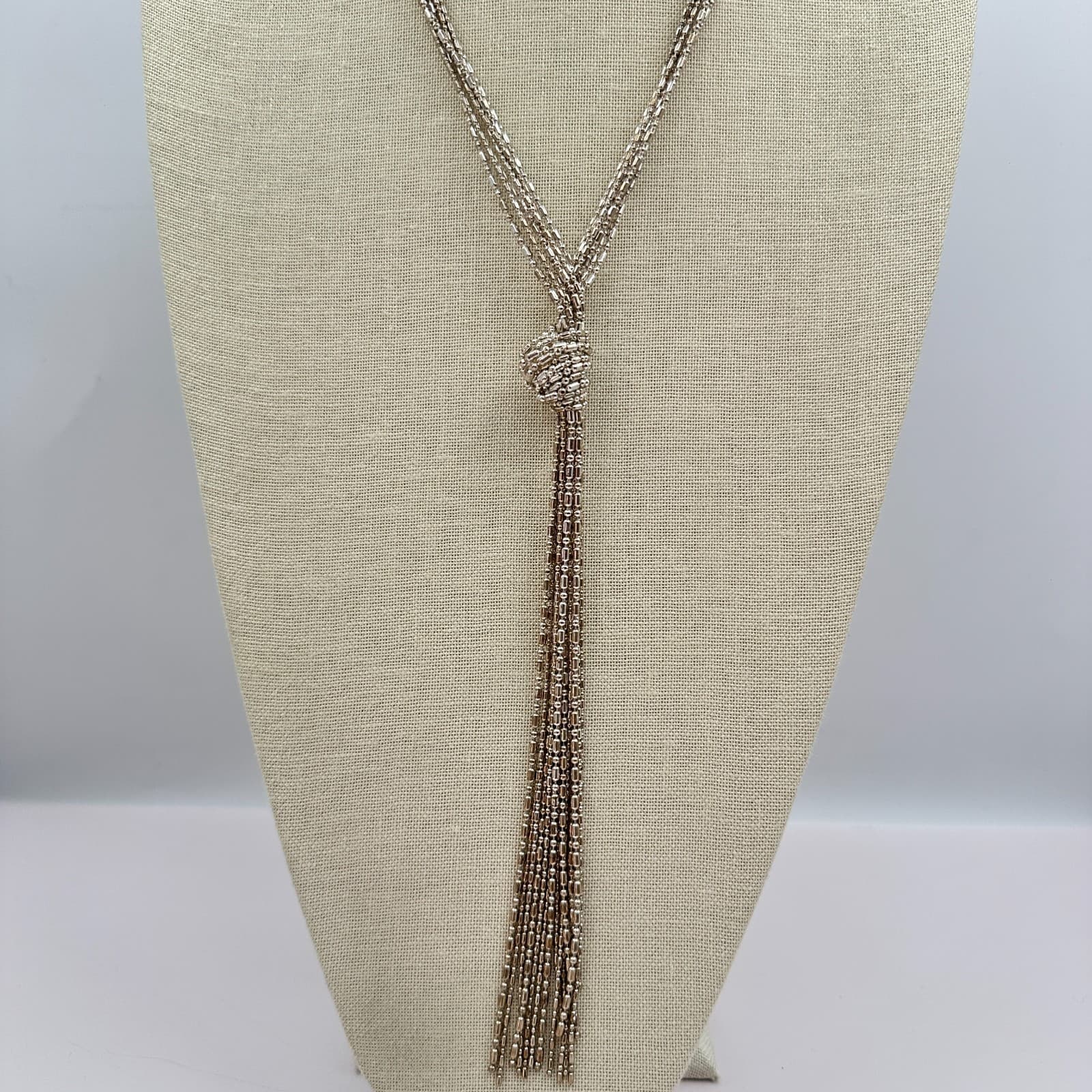 Vintage Y2K Silver Tone Multi-Strand Ball Chain Tassel Necklace Knot Jewelry 90s
