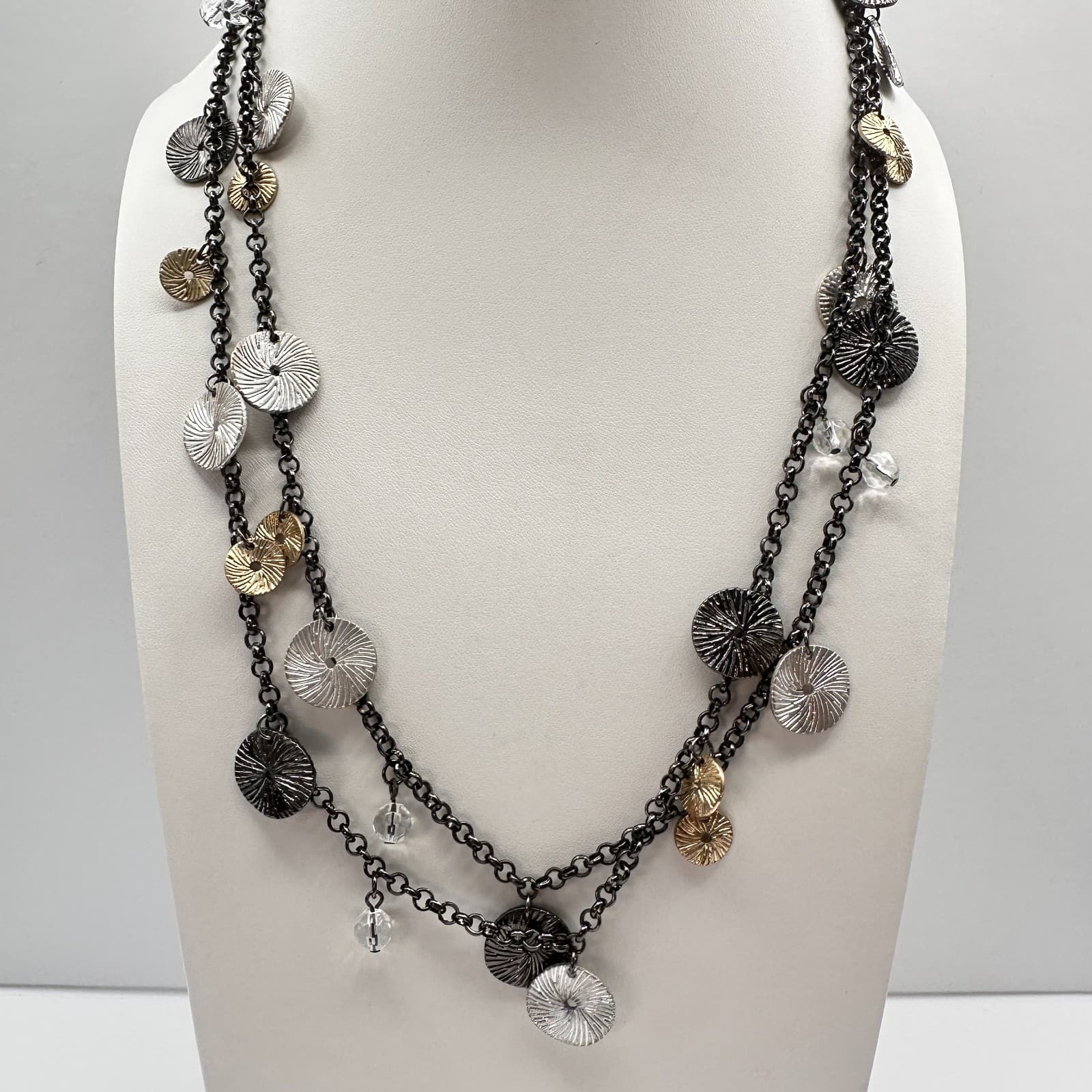 Vintage 90s Multi Strand Clear Beaded Glass Disc Necklace Boho Women's Jewelry