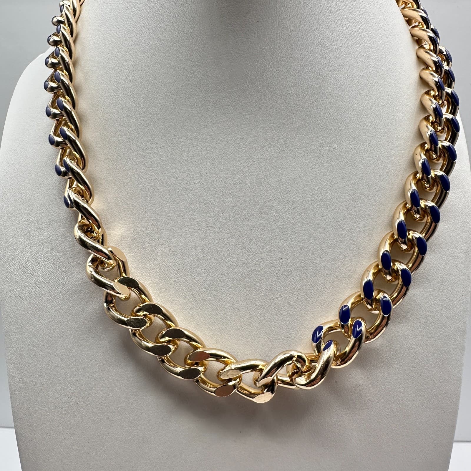 Vintage 80s Curb Chain Necklace Gold Tone Blue Enamel Statement Women's Jewelry