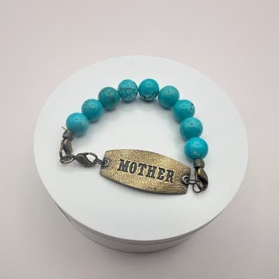 Vintage 80s Bronze Tone Mother ID Bracelet Blue Turquoise Beads Boho Jewelry