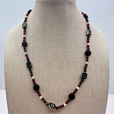 Vintage Y2K Red Black Beaded Necklace Silver Tone Accents Boho Style Jewelry